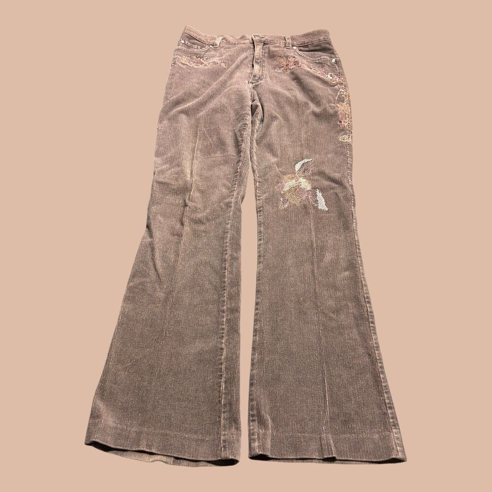 Blumarine Pants Womens Size 44 Brown Corduroy Floral Embroidered  Flare Leg